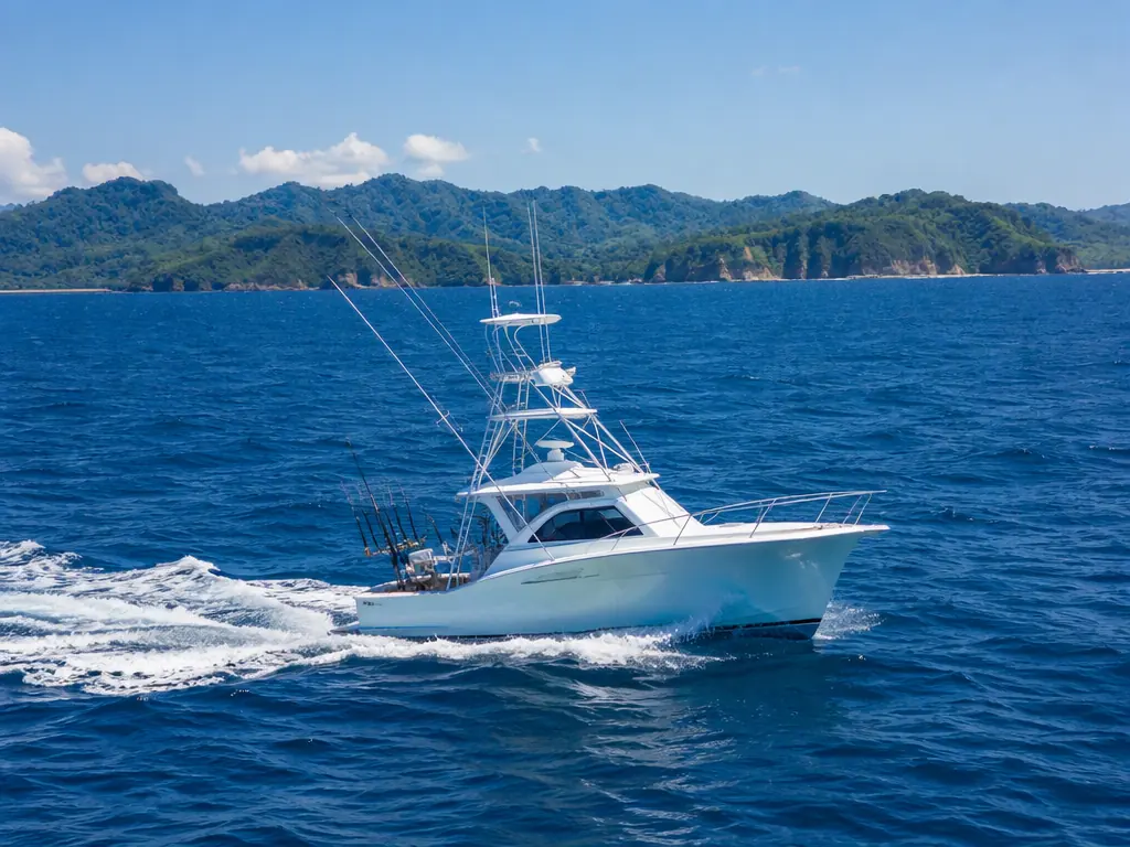 Sportfishing boat with outriggers cruising on the blue Pacific off the Costa Rica coast