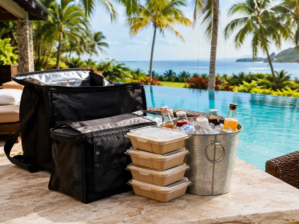 Takeaway food and a bucket of iced drinks on a poolside table at a vacation villa