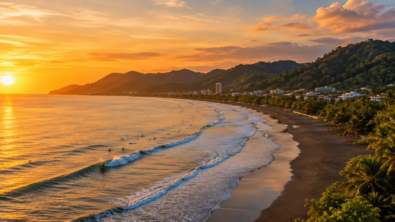 Jaco Beach, Costa Rica at sunset with surfers and forested hills
