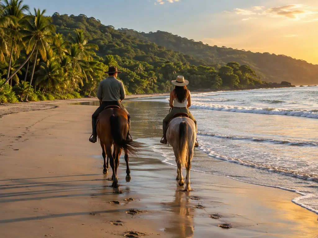 Two riders on horseback walking along a palm-lined beach in Costa Rica