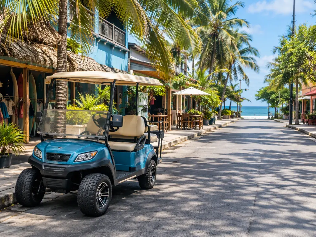 Colorful golf cart parked on a palm-lined beach town street in Jaco