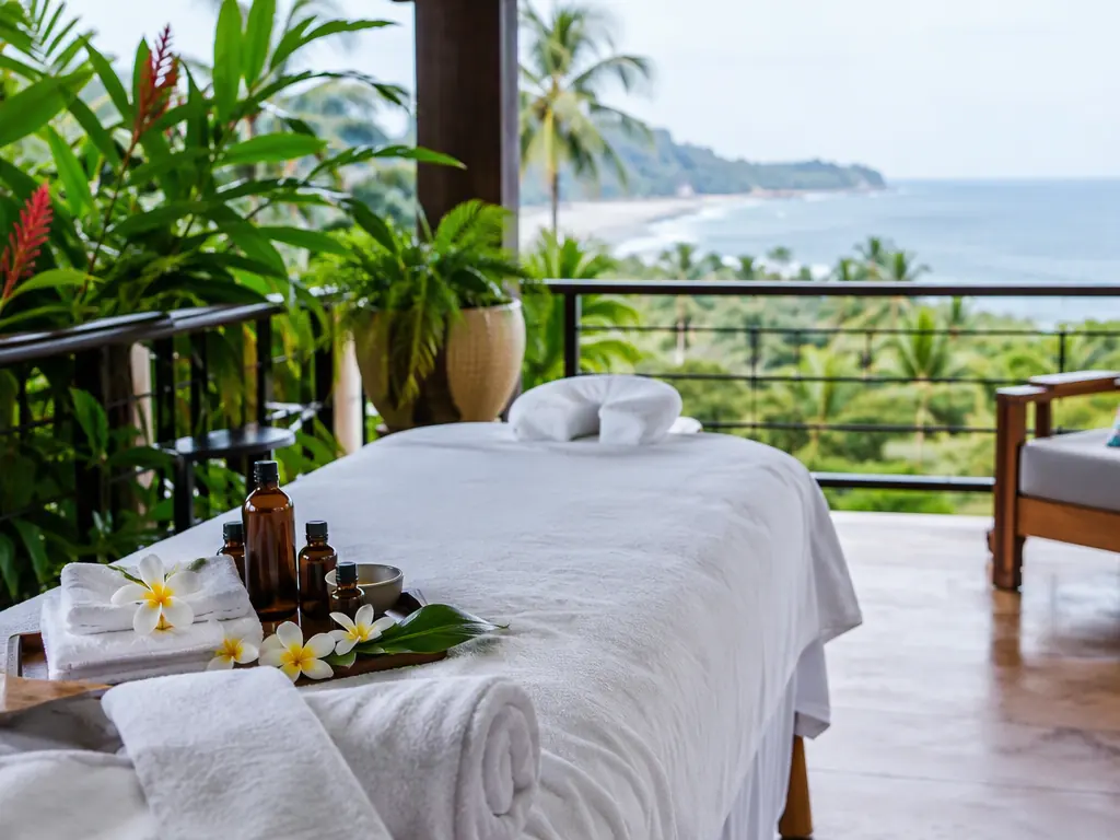Massage table with towels and tropical flowers on a villa terrace in Jaco