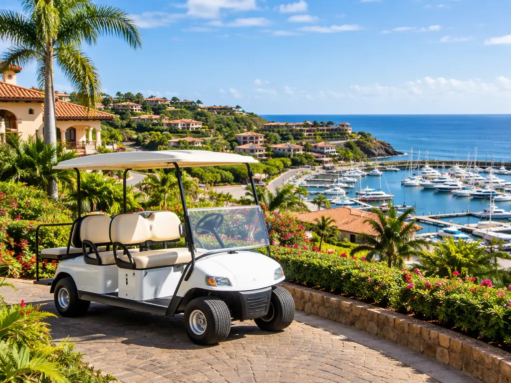 Golf cart parked at a marina resort with terracotta-roof villas and yachts in Costa Rica