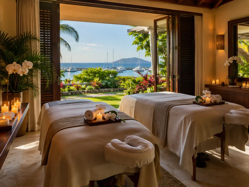 Spa room with two massage tables, candles and orchids near Los Sueños