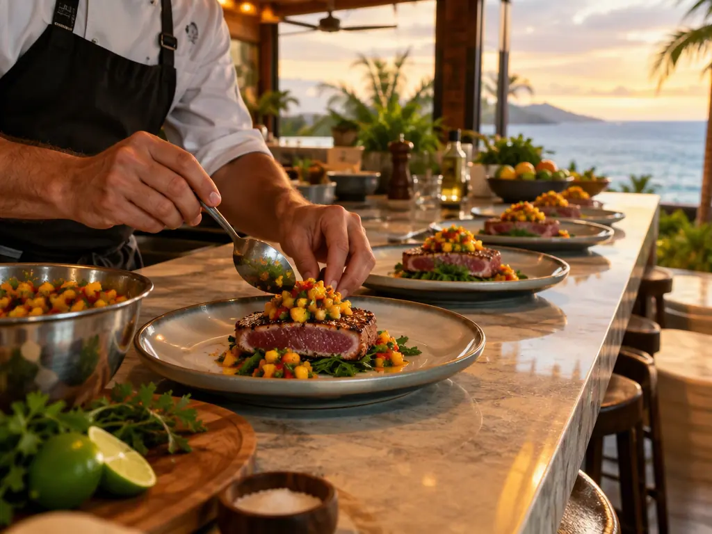 Chef plating grilled tuna for a group dinner in a Costa Rica villa kitchen