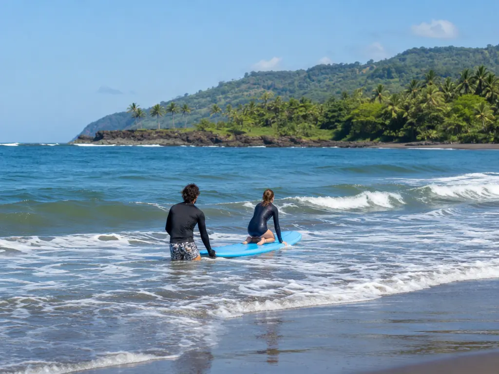 Surf instructor steadying a longboard for a student in the white water at a Costa Rica beach
