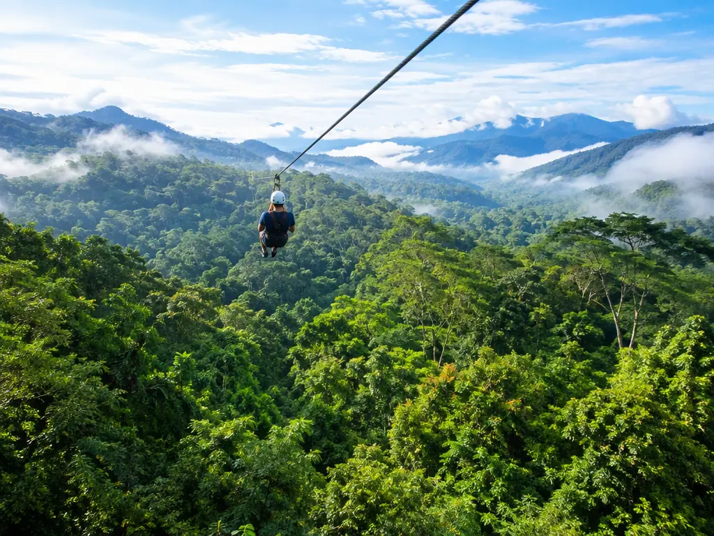 Zip line rider flying over a green Costa Rica rainforest canopy